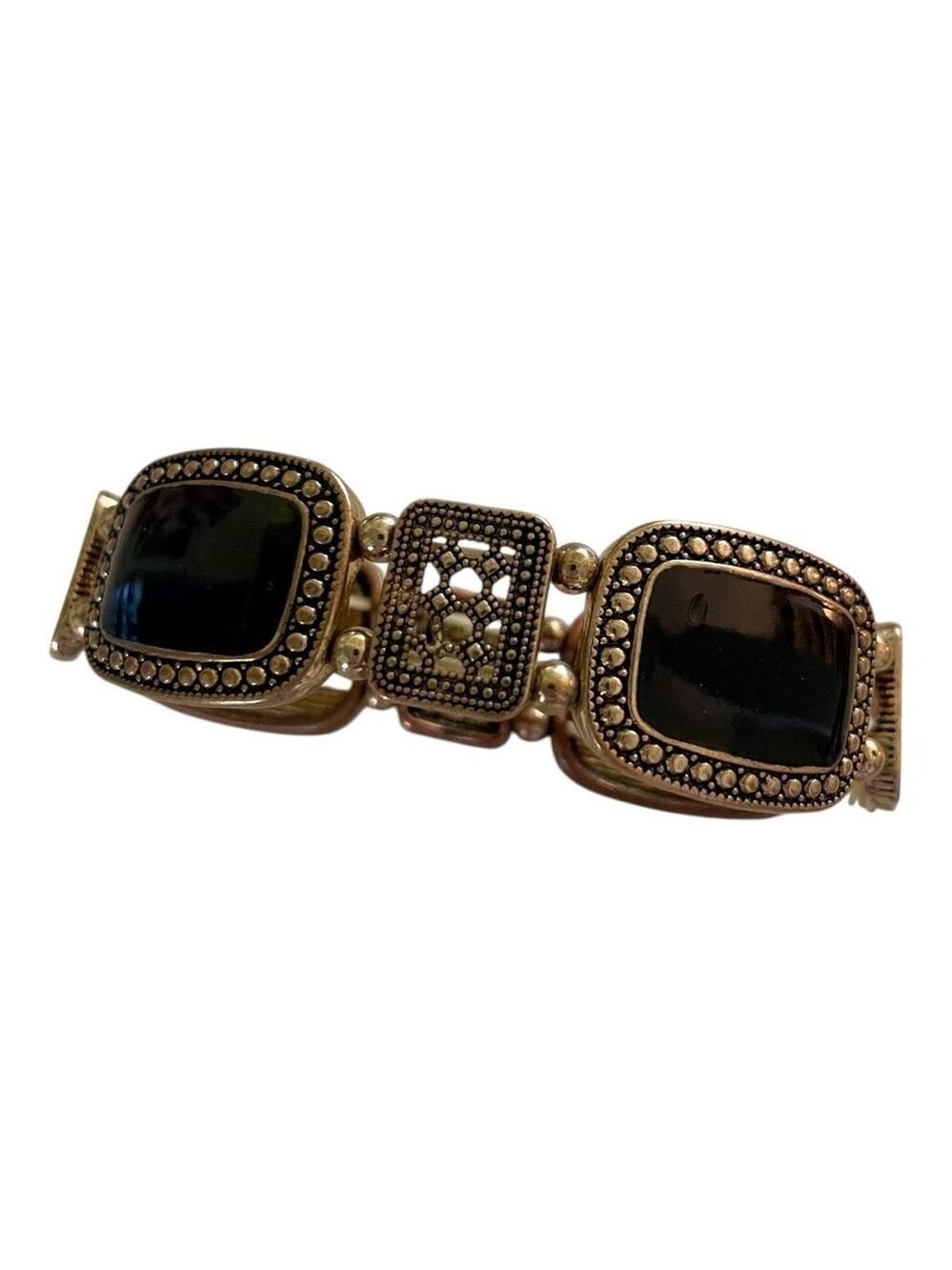 Gold and Black Onyx Link Expansion Bracelet, Intricate Carved Detailed Links.